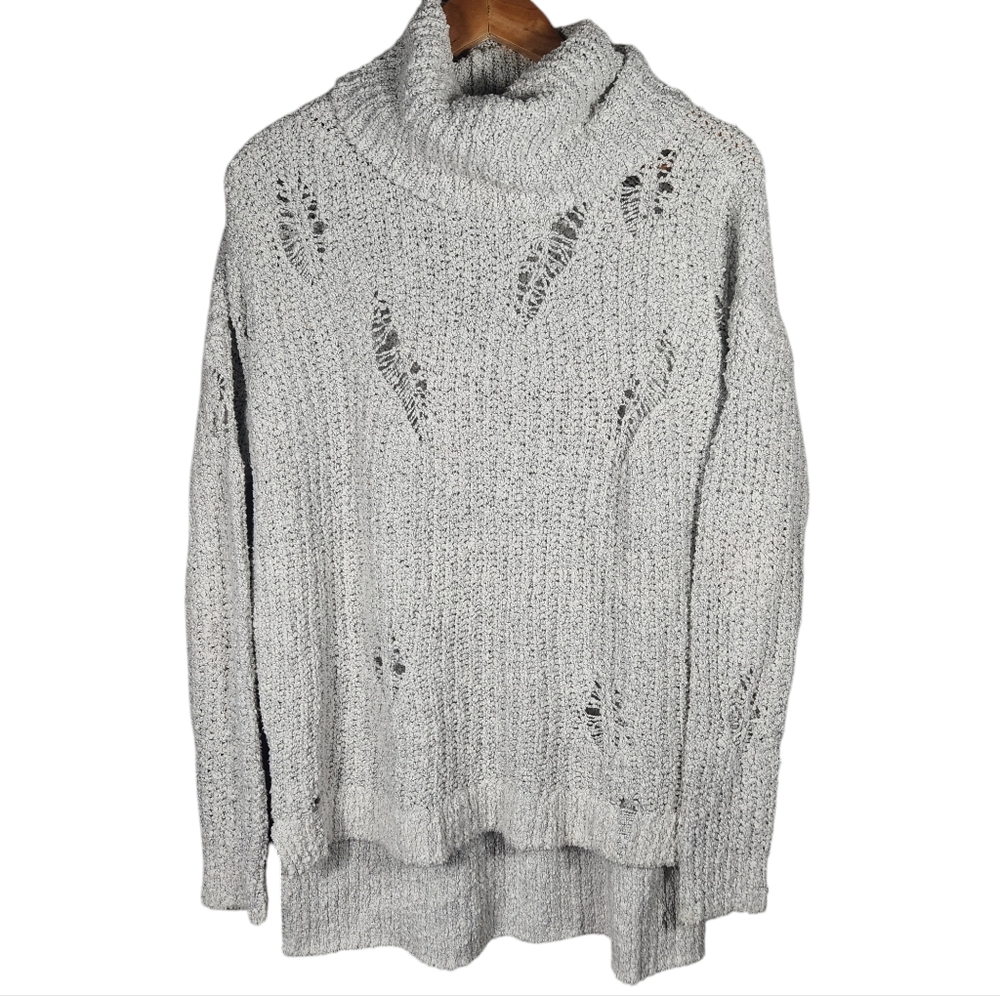 Express Open Knit Distressed Sweater Grey Cowl Neck Small Women's